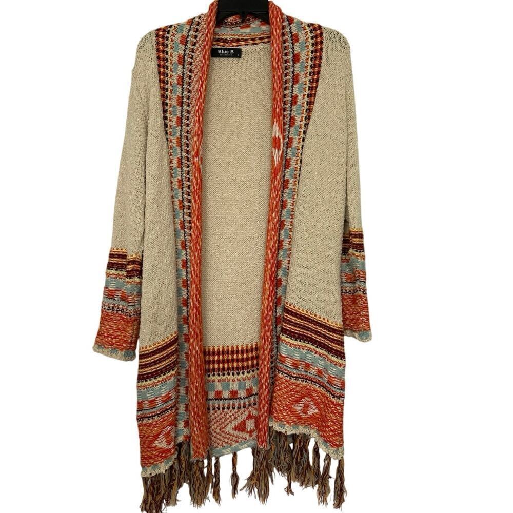 Blue B Cream Long Line Boho Southwestern Fringe Open Front Knit  Cardigan Small